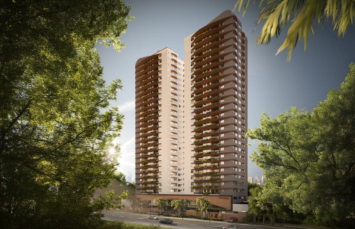 Render das duas torres do Biografia Parque Flamboyant entre a vegetação, vistas da rua.